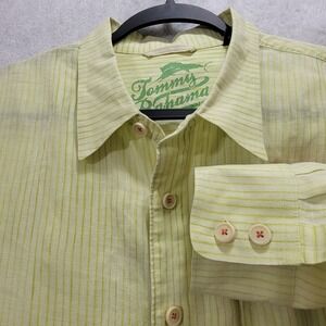 Tommy Bahama 100% Linen Relax Men's Long Sleeve Lime Green Striped Shirt Size XL